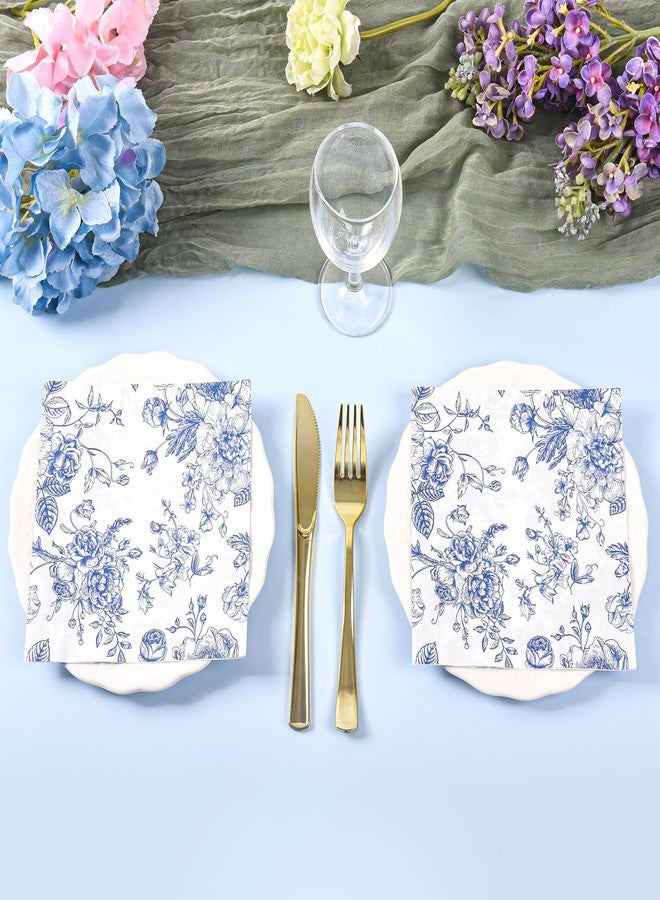 Elyxio 100 Floral Party Napkins Blue Floral Paper Napkins Vintage Bouquet Flowers Disposable Cocktail Luncheon Napkins for Garden Tea Party Birthday Party Supplies (Blue) - Image 5